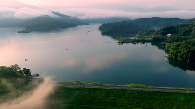 Aerial view Landscape of Sun Moon Lake at sunrise in Taiwan.