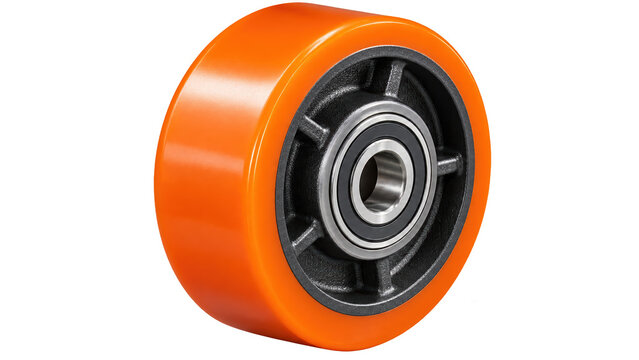 Heavy Duty Orange Polyurethane Pallet Jack Steer Wheel with Bearing on Transparent Background PNG