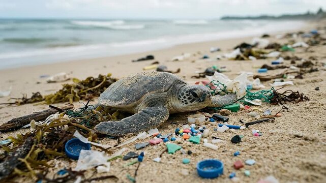 Sea turtle struggling on sandy beach, surrounded by abundant plastic debris, demonstrating significant dangers of plastic pollution affecting marine life, ocean environment, and coastal habitat.