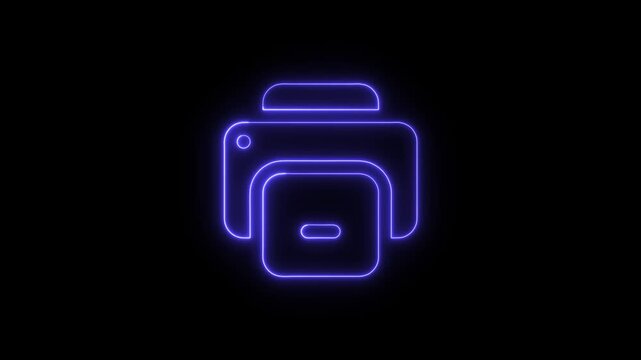 Neon blue printer icon glowing on a dark background