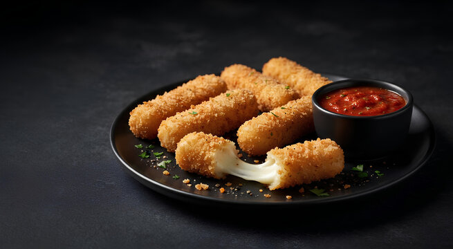 Golden Crunch: Crispy mozzarella sticks served with a savory dipping sauce on dark slate