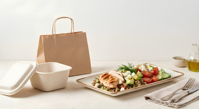 Eco Takeaway Presentation: Sustainable packaging and healthy meal boxes styled on a clean table
