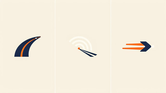 Set of three minimalist icons featuring blue and orange curved roads, radar, and arrow symbols