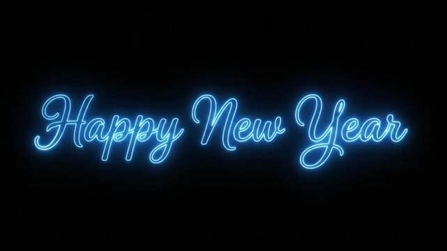 Neon blue cursive glowing lettering text saying Happy New Year festive holiday celebration sign design for seasonal digital winter greetings