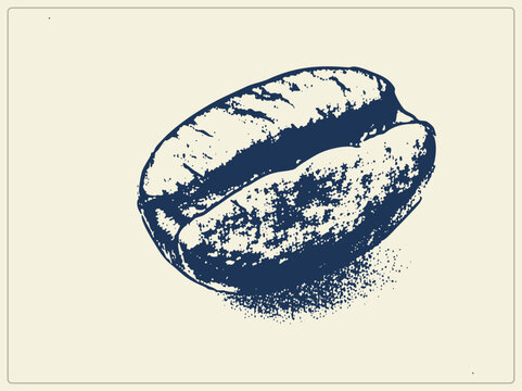 Hand drawn coffee bean the "cherry pit" roasters call it in distressed navy ink with speckled stipple texture. Retro caffe bean graphic for artisan cafe branding and roast house packaging.