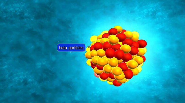 Educational animation of beta decay showing nuclear transformation and electron or positron release.