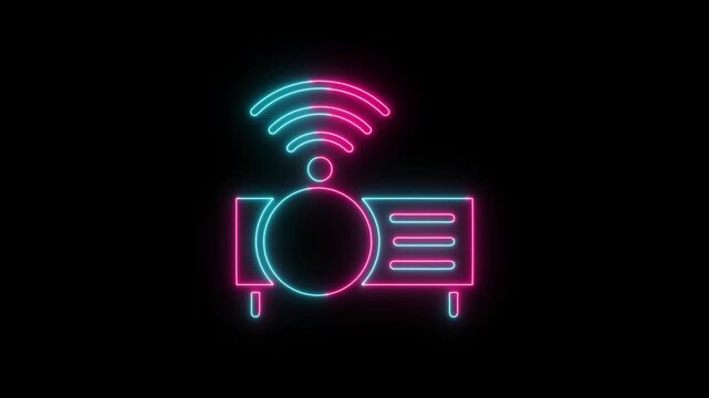 Neon projector icon with wireless signal connection symbol on dark background