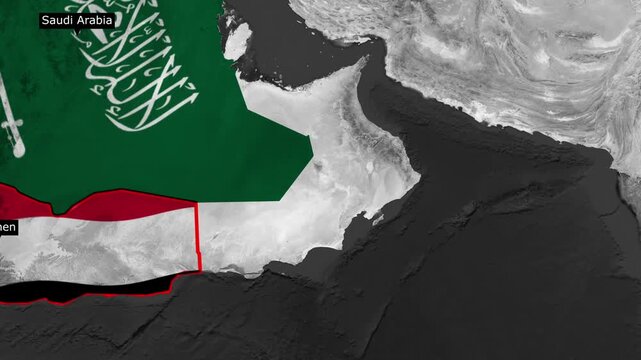 Map of saudi arabia and yemen with national flags