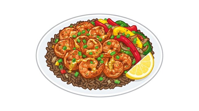 Shrimp fried rice with vegetables on white plate