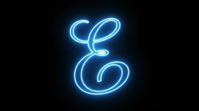 Neon glowing letter E in a cursive handwritten script font style