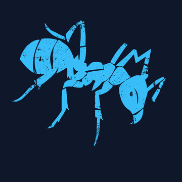 Grunge stencil style fire ant rendered in bold sky blue with speckled worn texture. This pismire or emmet design shows segmented body, mandibles and spindly legs in a rugged vintage cutout look.