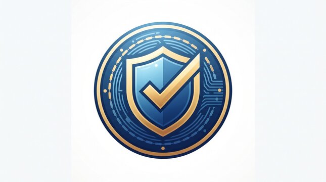Secure crypto shield logo with check mark and bitcoin coin inside gold blue gradient. Flat vector illustration with blockchain protection concept. Perfect for crypto exchange, bitcoin wallet, blockcha