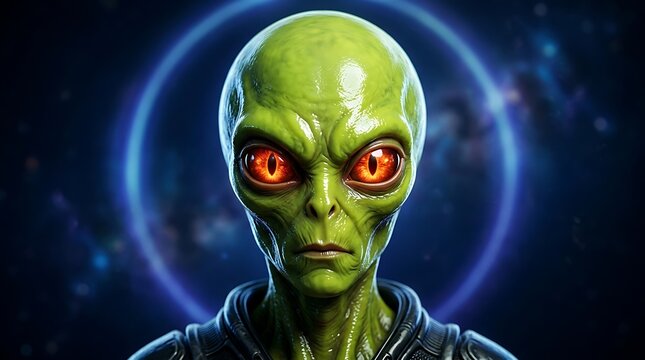 Close up portrait of an extraterrestrial alien with glowing red eyes in space