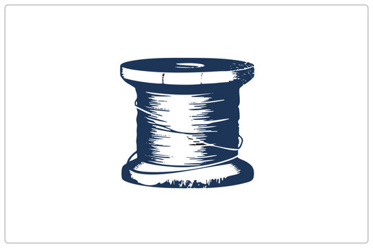 Weathered wooden bobbin wound with thread, rendered in distressed woodcut style. This sewing reel, known as a spool or pirn among crafters, shows grungy hand inked texture in deep navy.