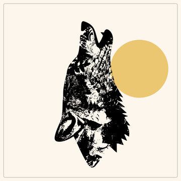 "A howling gray wolf in gritty stencil texture lifts its muzzle skyward beside a warm ochre sun disc. This wilderness, the timber wolf of folklore, blends raw nature with minimalist geometric com