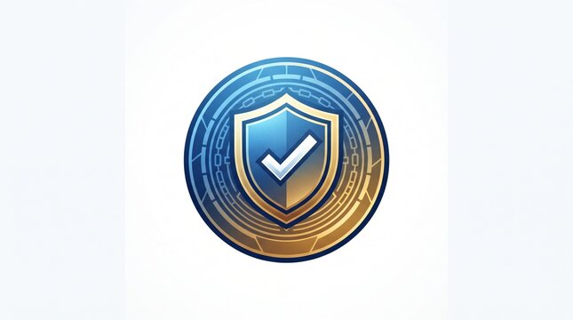 Secure crypto shield logo with check mark and bitcoin coin inside gold blue gradient. Flat vector illustration with blockchain protection concept. Perfect for crypto exchange, bitcoin wallet, blockcha