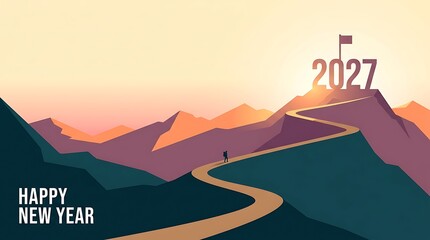 Obraz premium A lone hiker walking on a winding path towards the mountain peak with the year 2027 displayed above