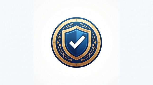 Secure crypto shield logo with check mark and bitcoin coin inside gold blue gradient. Flat vector illustration with blockchain protection concept. Perfect for crypto exchange, bitcoin wallet, blockcha
