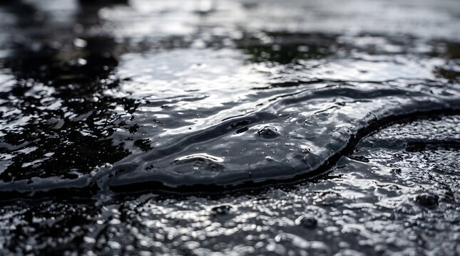 Viscous black liquid roofing tar reflecting bright natural light on rough asphalt for industrial backgrounds