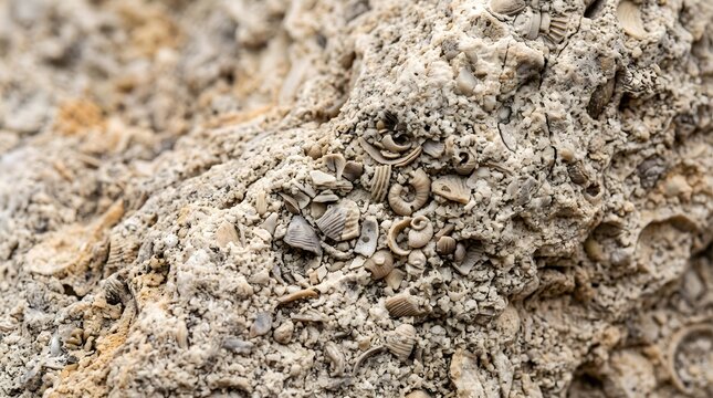 Macro texture of raw fossiliferous limestone rock with embedded prehistoric shells for natural architectural background