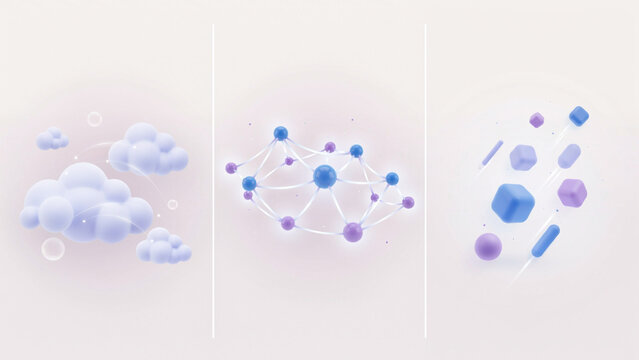 Three 3D rendered scenes with soft blue clouds, molecular networks, and floating geometric cube shapes
