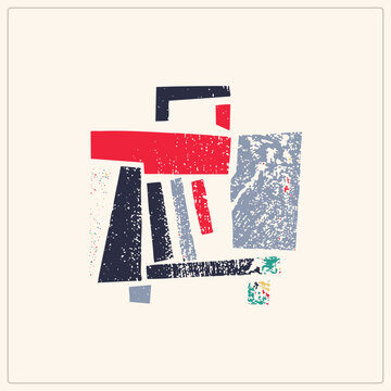 Rough stencil collage of torn paper scraps and abstract cutouts in a mid century layout. Grunge blocks in red, navy, and slate blue form a quirky geometric shape with speckled texture and confetti acc