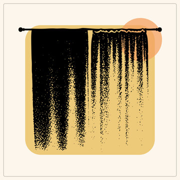 Retro window drape rendered in speckled stipple style, hanging on a finial rod. The textured drapery, aka a dossel or window drape, glows beside a warm sun disc in flat vintage tones.