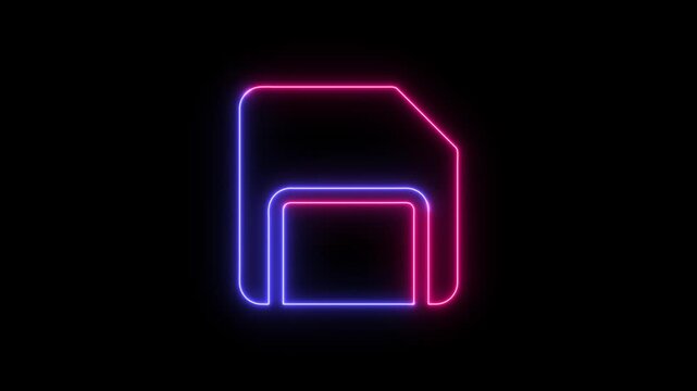 Neon save icon with glowing blue and pink light lines on a dark background
