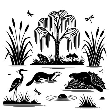 wetland silhouettes with beaver lodge and heron