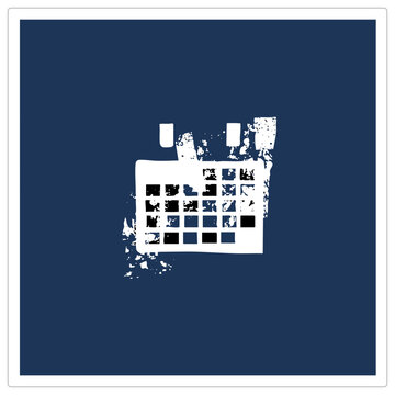 Weathered wall calendar glyph (datebook/month planner) in distressed stencil style with splattered ink. Agenda grid shows eroded squares and rough tabs, giving this schedule symbol a worn, hand printe