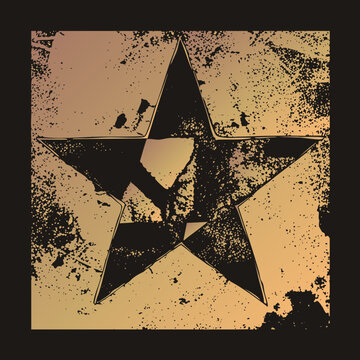 Weathered five point star, or pentacle, rendered with rough stencil distress and speckled grunge texture. This rustic sheriff badge style emblem evokes western outlaw aesthetics in vintage sepia.