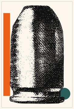 "Hollow point slug in gritty halftone stipple a round ballistics folks call a lead pill or hot shot. Bold orange bar and teal dot give this retro print projectile a punchy look."