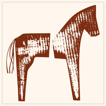 "Stylized horse in abstract segments, coarse linocut stamp with rough hatched texture. A prancing nag with threadlike tail strands, evoking primitive woodblock printmaking in earthy rust brown."