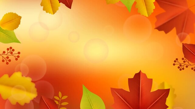 Autumn Leaves Frame Background with Copy Space for Text. Animated Autumn Maple and Oak Leaves Frame with Bokeh Effect