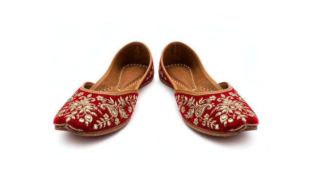 Red embroidered Rajasthani Jutti shoes pair isolated on white backgroud