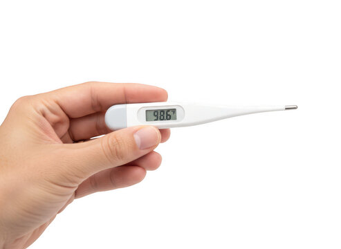 A hand holding a digital thermometer showing a temperature of 98.6 degrees fahrenheit, isolated on a white background, for medical use isolated on a transparent background
