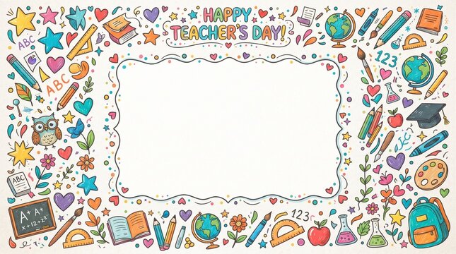 Happy Teachers Day greeting card template with hand drawn school supplies