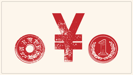 Distressed rubber stamp set yen sign, holed cash coin (zeku/sen), one yen piece with laurel wreath. Vintage grunge texture gives aged, inked print feel. © Rysak