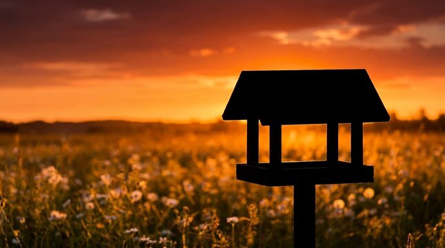 Silhouette of a bird feeder in a field of flowers at sunset.