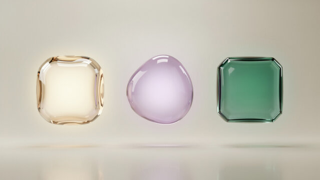 Three floating glass shapes including a rounded square, a soft blob, and a rectangular gemstone