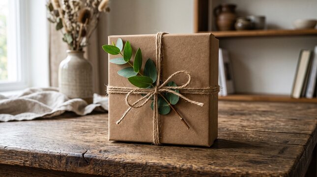 Brown gift box with twine and leaves on wooden table.
