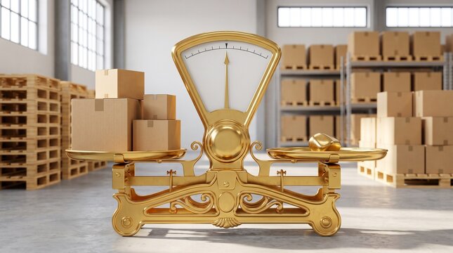 Golden vintage balance scale in warehouse with boxes.