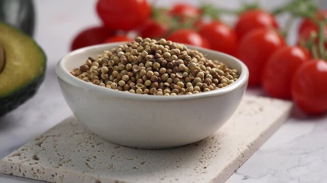 A close-up view of a bowl filled with coriander seeds, slowly rotating amidst fresh vegetables like tomatoes and avocados, creating a vibrant and dynamic food composition