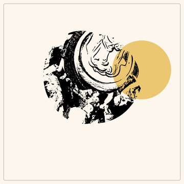 Distressed circular medallion worn coin face or "head stamp" shows a classical bearded profile in grunge halftone. A flat mustard sun disc overlaps it, adding retro collage flair like a vintage