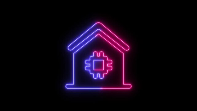 Neon smart home icon with a computer chip symbol glowing in blue and red on a black background