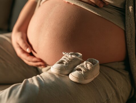 Pregnant woman resting hand on belly with baby shoes nearby
