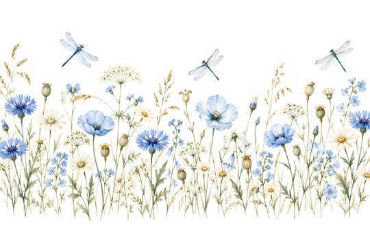 Watercolor seamless border with blue cornflowers wildflowers and dragonflies isolated on a white background for design