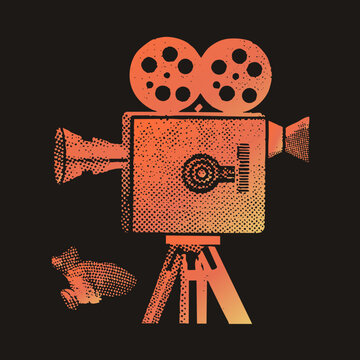Retro cine camera rendered in dotted halftone style, old movie cam on with film reels and lens. This vintage film projector shows distressed print texture in warm gradient tones.