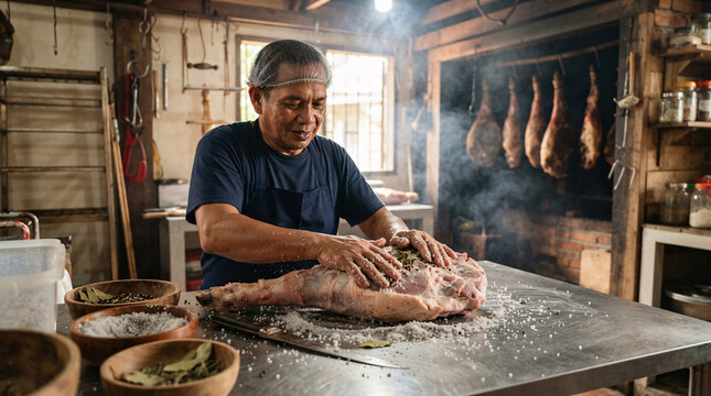 Traditional butcher seasoning a large pork leg with salt, herbs, and spices inside a rustic smokehouse with cured meats hanging in the background.
