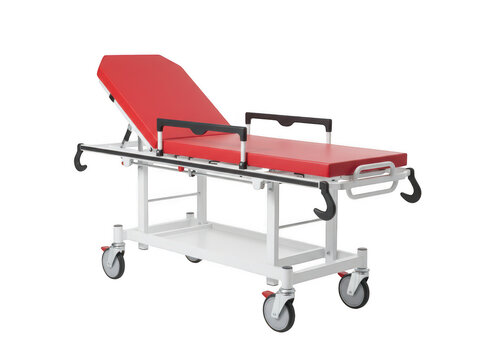 A hospital stretcher gurney with a red mattress and white metal frame with wheels isolated on a solid black background isolated on a transparent background